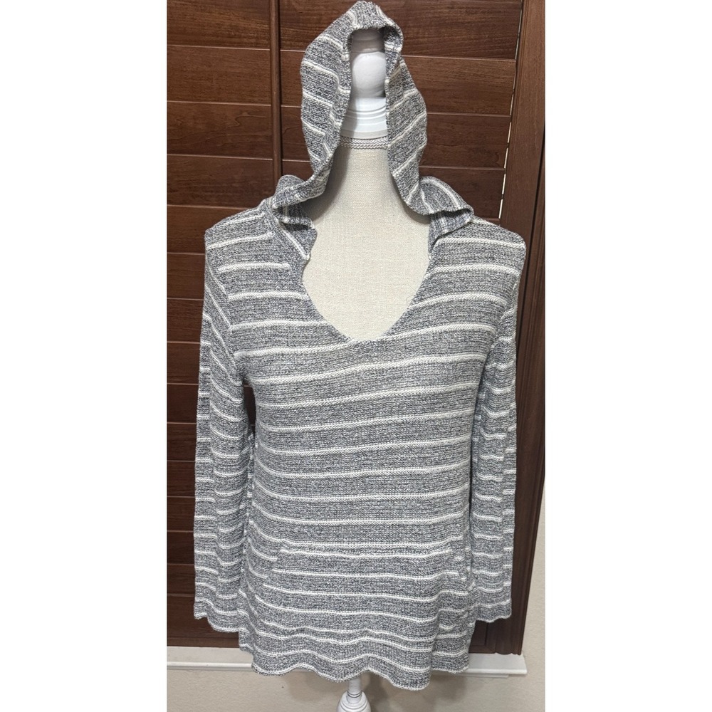 Beyond Yoga Womens S Gray Striped Hoodie Sweater V-Neck Knit Pullover FL15AW